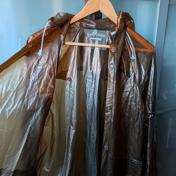 Stunning Retro Dorothy Perkins Pakamac Semi-transparent Brown Hooded Rain Jacket - Picture 11 of 16